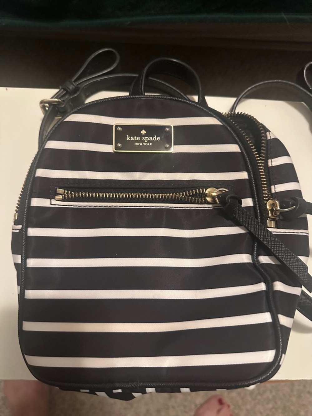 kate spade Black and White Striped Mini Backpack with Gold Plate